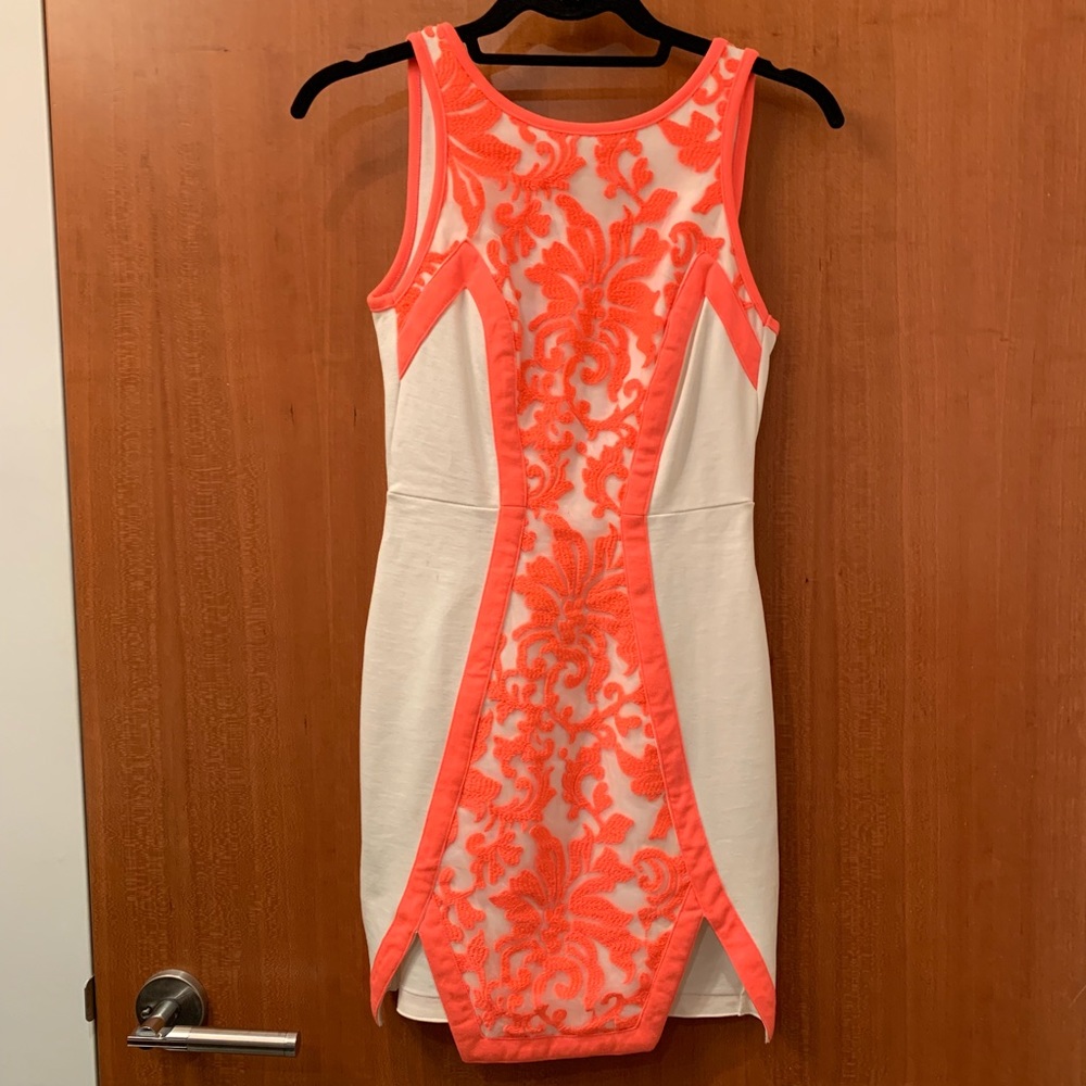 White and neon red Bodycon Dress